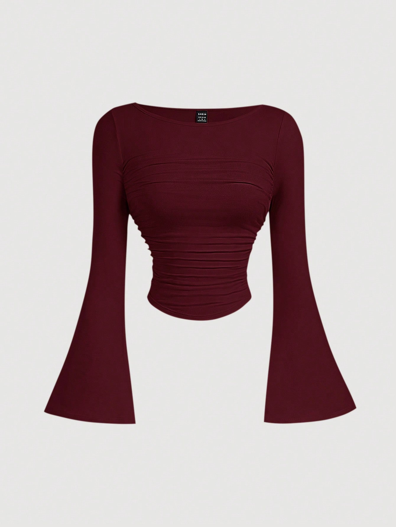 MOD Boat Neck Bell Sleeve Waist Ruched Casual T-Shirt for Spring and Autumn , Bell Sleeve Top