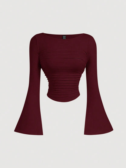 MOD Boat Neck Bell Sleeve Waist Ruched Casual T-Shirt for Spring and Autumn , Bell Sleeve Top