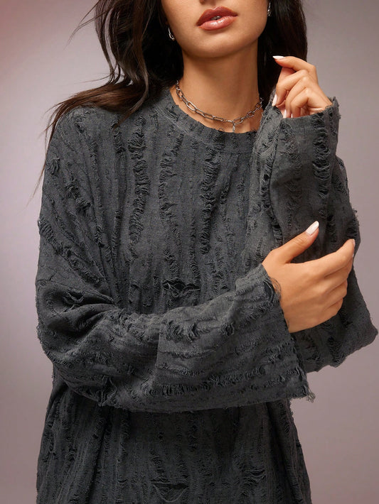 COSMINA Women'S Crew Neck Long Sleeve Casual T-Shirt with Distressed Design, Loose and Comfortable