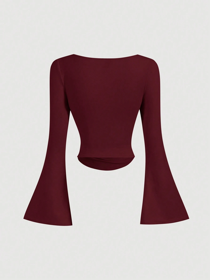 MOD Boat Neck Bell Sleeve Waist Ruched Casual T-Shirt for Spring and Autumn , Bell Sleeve Top