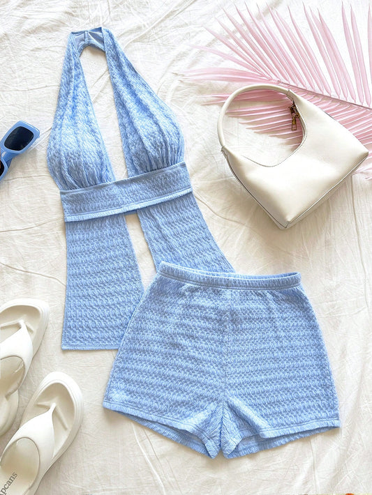 Soleia Beach Outfits for Woman Vacation St Patrick Day 2Pcs/Set Women Solid Color Slit Hem Halter Neck Tank Top and Shorts Sexy Summer Co-Ord, Beach Clothes Outfit Women Summer Clothes Women Two Pieces Outfits Beach Women Two Pieces Outfits Backless