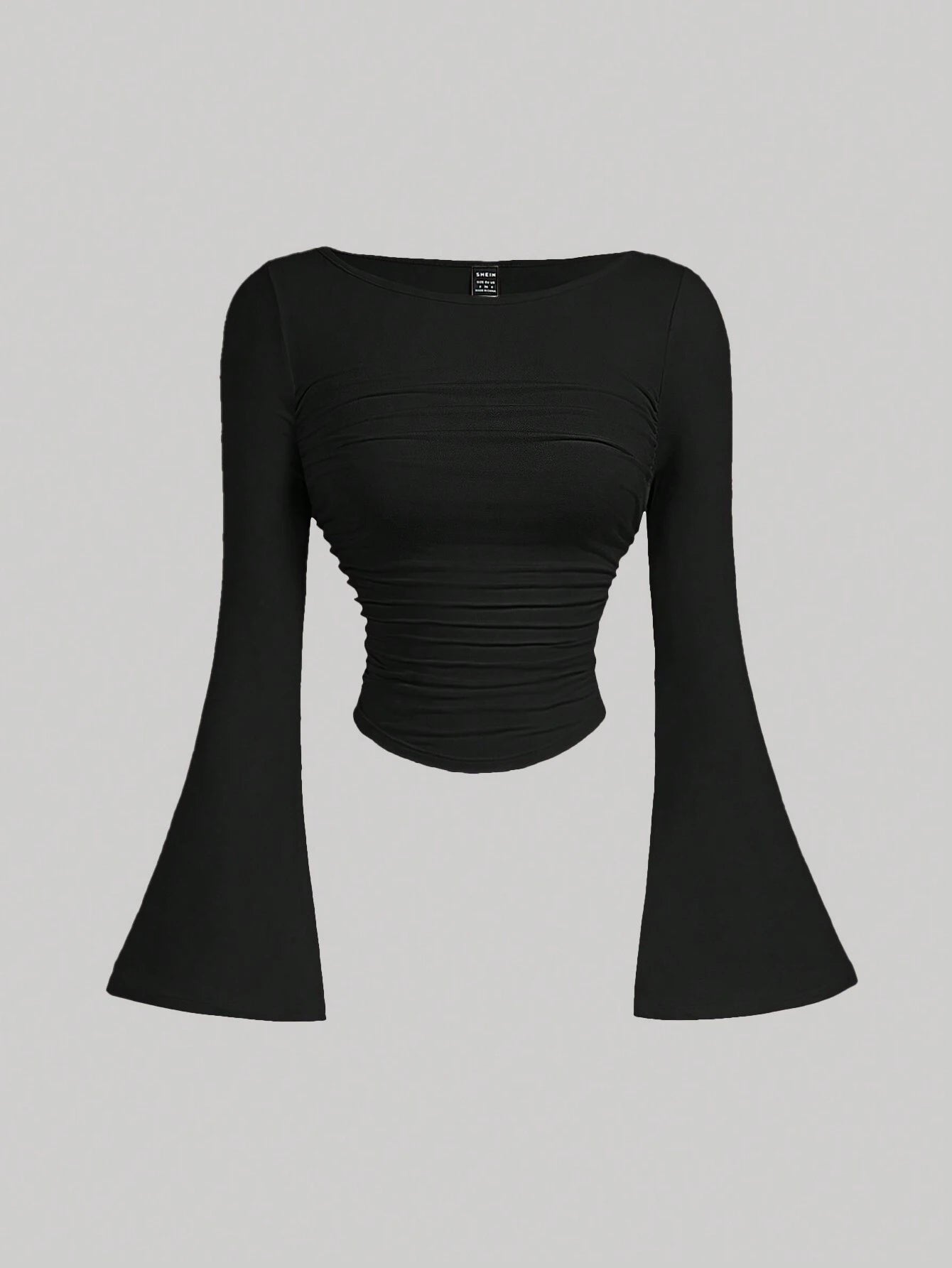 MOD Boat Neck Bell Sleeve Waist Ruched Casual T-Shirt for Spring and Autumn , Bell Sleeve Top
