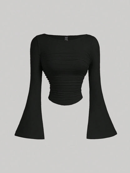 MOD Boat Neck Bell Sleeve Waist Ruched Casual T-Shirt for Spring and Autumn , Bell Sleeve Top