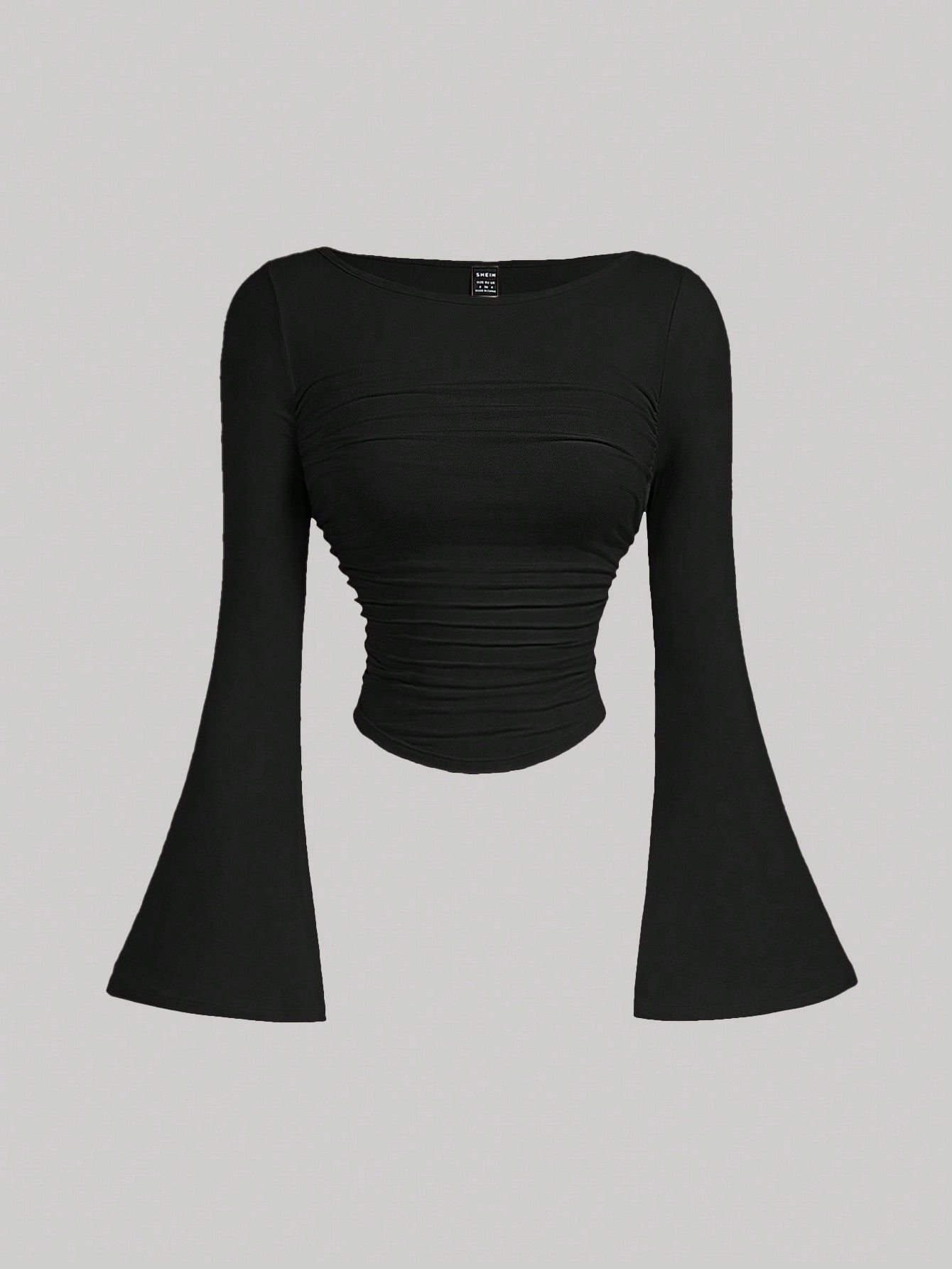 MOD Boat Neck Bell Sleeve Waist Ruched Casual T-Shirt for Spring and Autumn , Bell Sleeve Top