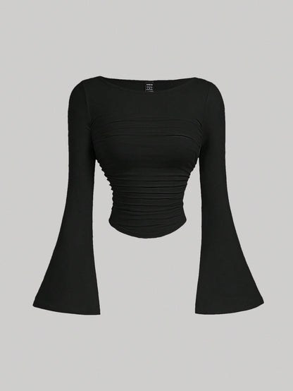MOD Boat Neck Bell Sleeve Waist Ruched Casual T-Shirt for Spring and Autumn , Bell Sleeve Top