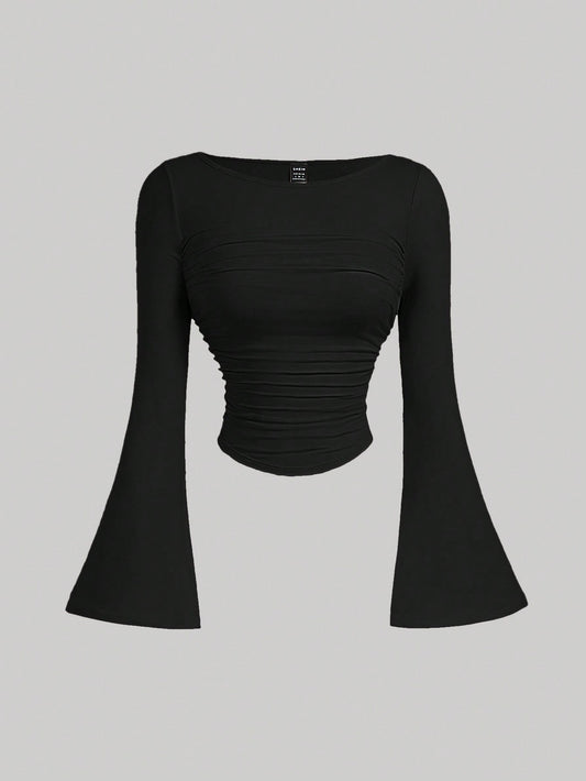 MOD Boat Neck Bell Sleeve Waist Ruched Casual T-Shirt for Spring and Autumn , Bell Sleeve Top