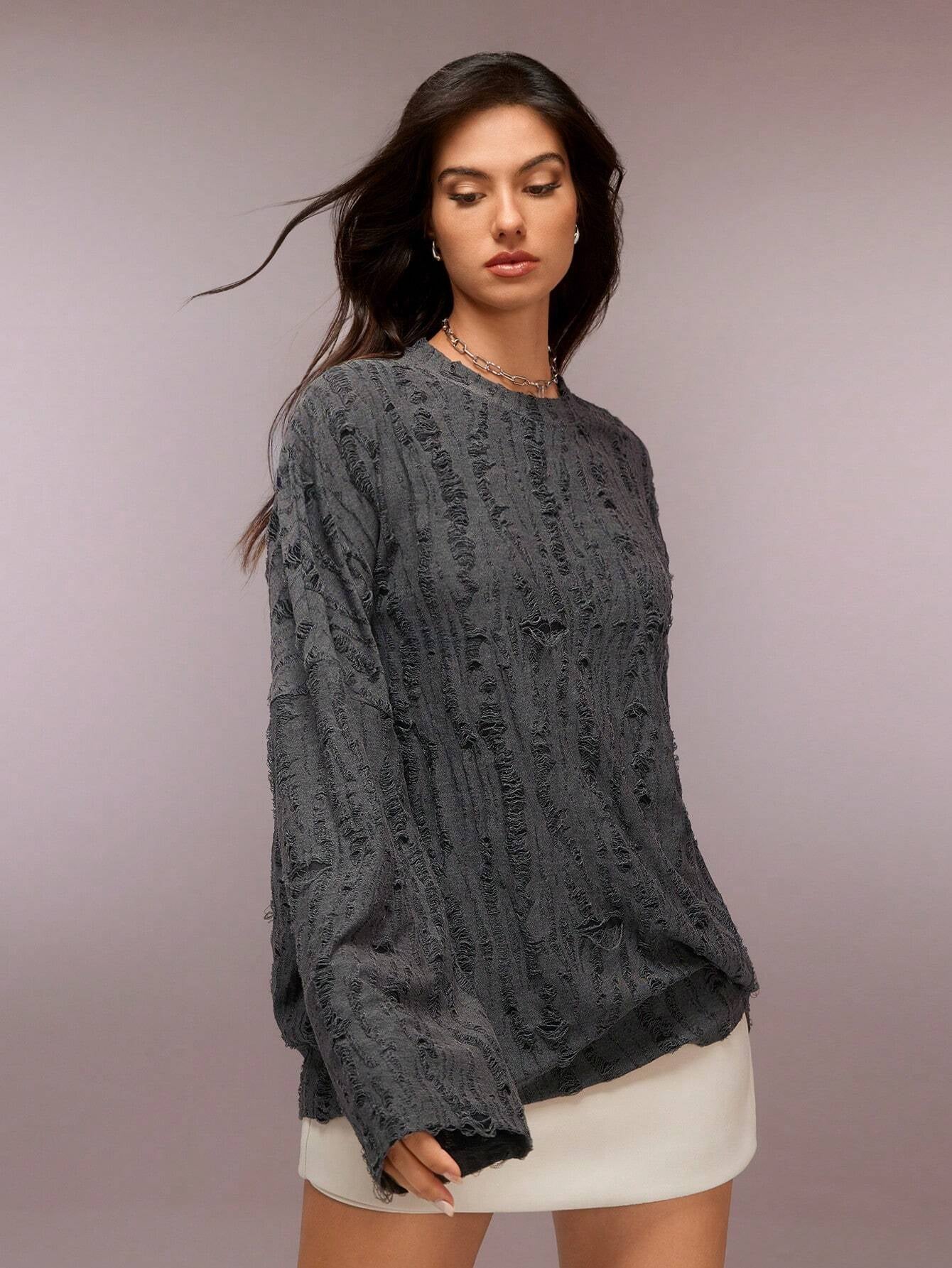COSMINA Women'S Crew Neck Long Sleeve Casual T-Shirt with Distressed Design, Loose and Comfortable