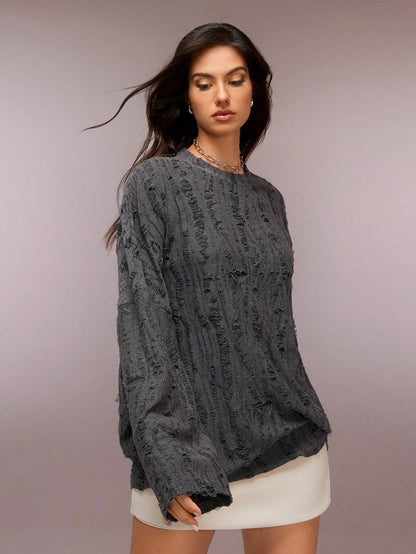 COSMINA Women'S Crew Neck Long Sleeve Casual T-Shirt with Distressed Design, Loose and Comfortable